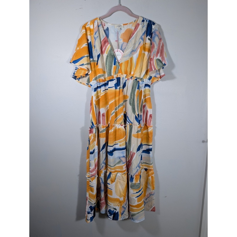 Umgee Midi Dress Abstract Colorful Print Flutter Short Sleeve Frill Tiered Small